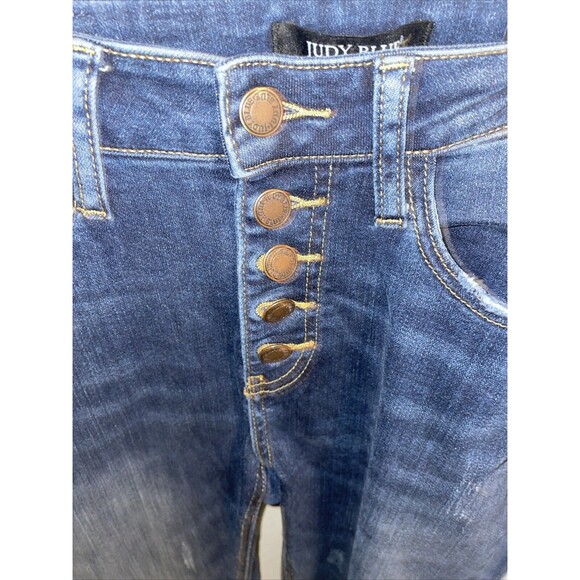 Judy Blue Women’s Skinny Fit Jeans Sz 27x28 Blue Dark Wash Button Fly Distressed - Picture 3 of 12